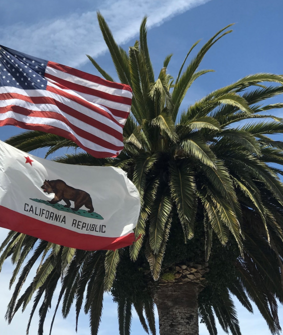 USA and California Flag on poles